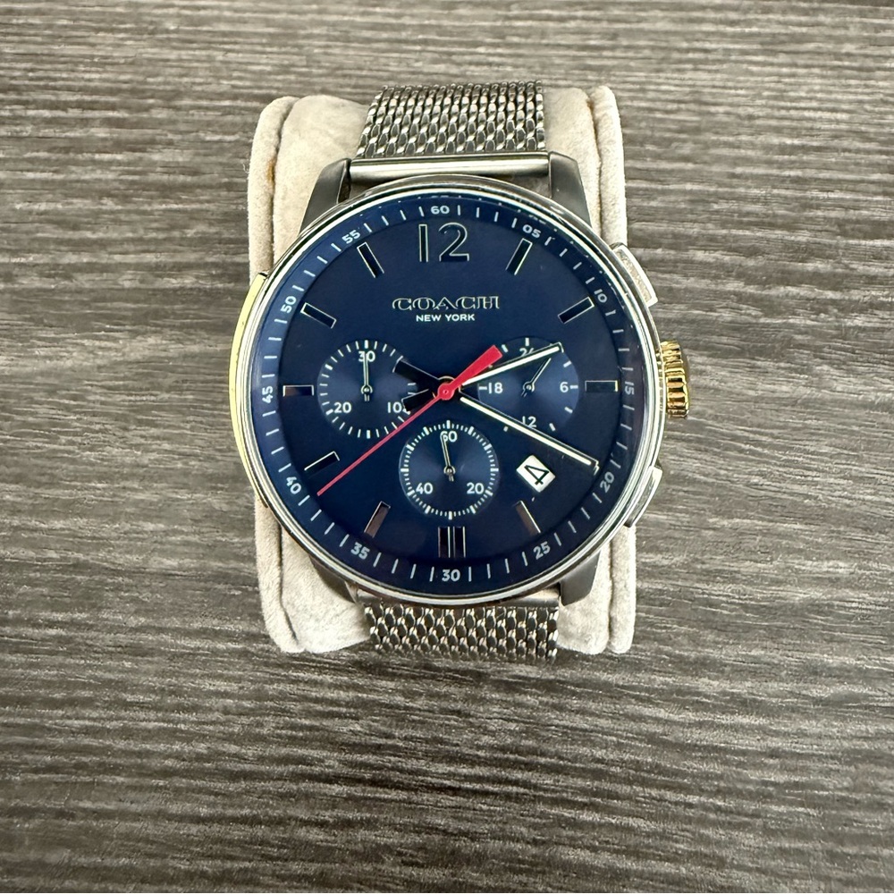 COACH Blue Chronograph Watch with Silver Mesh Band